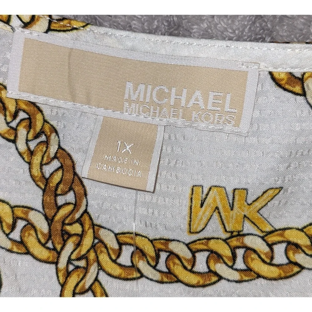 Michael Kors Chain Print Top Blouse Keyhole Neck Short Sleeve‎ White 1X